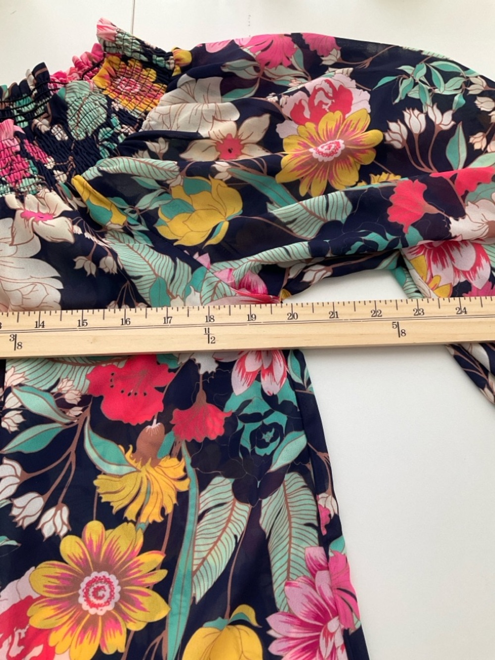 Umgee Medium Navy Floral Off-Shoulder Blouse with Pink, Yellow and Mint Accents - Picture 7 of 11